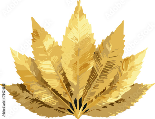 Elegant golden leaf fan emblem. A prestigious award symbol with shimmering texture, perfect for luxury branding and celebration