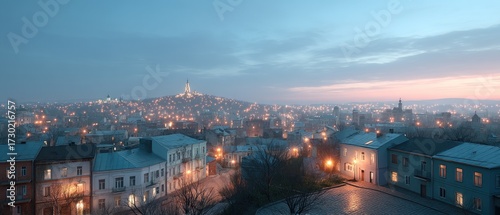 Nighttime Cityscape Panorama Featuring Illuminated Ancient Buildings Under Twilight Sky