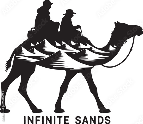 Majestic camel caravan silhouette featuring intricate fractal desert patterns riding through infinite sands imagery vector