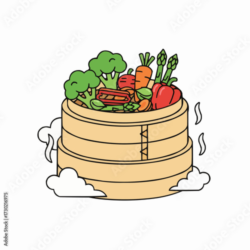Steaming bamboo basket filled with fresh healthy vegetables and meats vector illustration