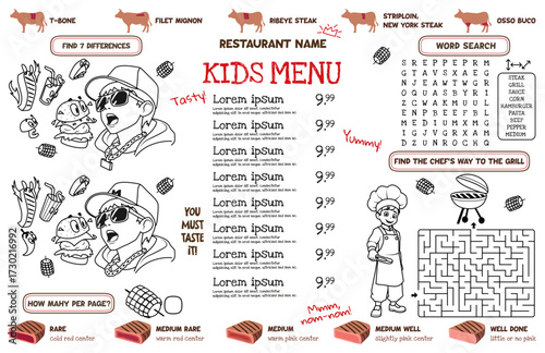 A kids' menu at a steakhouse with interactive activities and useful information about steaks. 17x11 inch printable vector file