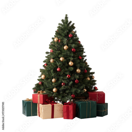 Decorated christmas tree with gifts, holiday season celebration