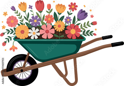 Colorful garden flowers overflowing from a vibrant green wheelbarrow, symbolizing growth and abundance