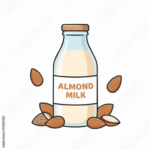 Vector illustration of a glass bottle filled with almond milk surrounded by almonds