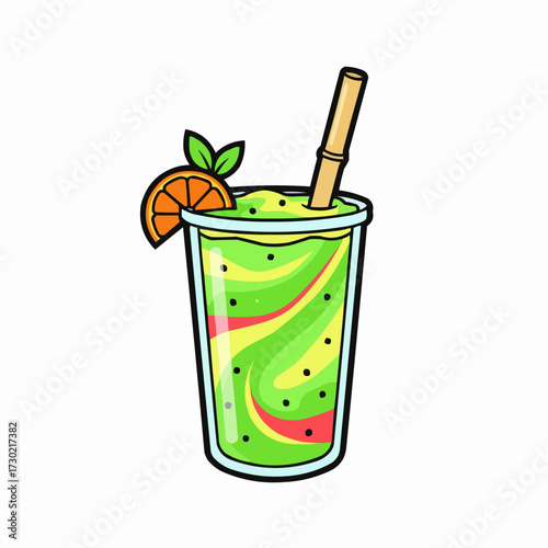 Refreshing green smoothie with orange slice and bamboo straw vector illustration
