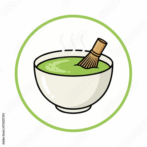 Vector illustration of matcha tea preparation in a traditional bowl with bamboo whisk