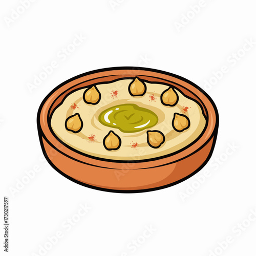 Delicious hummus dish vector illustration with chickpeas and olive oil