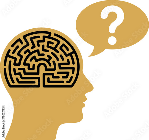 Silhouette of a head with a maze inside and a question mark, symbolizing confusion and complex thought.
