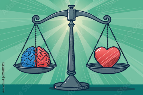 Scale balances brain and heart on a teal background.