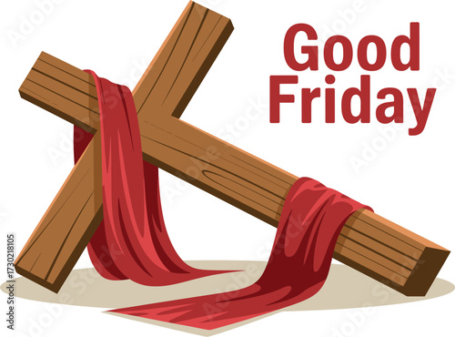 Solemn wooden cross draped with red cloth, symbolizing Good Friday and sacrifice.