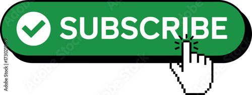 Green button with "Subscribe" text and a checkmark, with a cursor hand clicking it.