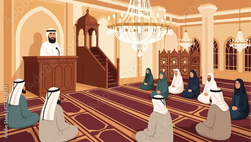 A Muslim cleric delivers a sermon from a pulpit to a congregation seated on prayer rugs inside a richly decorated mosque.