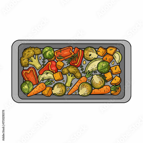 Vector illustration of colorful fresh vegetables in a baking tray ready for cooking