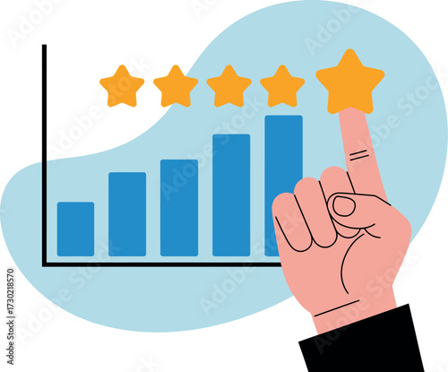 Hand reaching to place a star on a rising bar graph, symbolizing success and positive feedback.