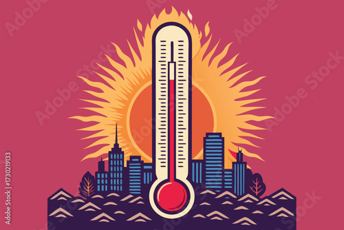 A thermometer shows high temperatures over a city skyline during a heatwave. The sun is ablaze.