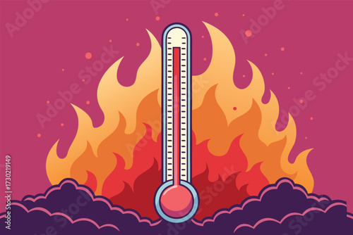 Thermometer showing high temperature against a backdrop of flames.