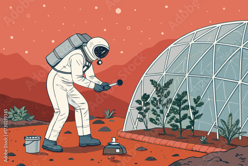 Astronaut tending to plants inside a biodome on Mars.