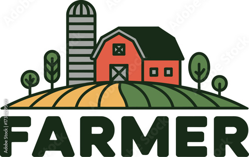 Charming cartoon illustration of a vibrant farm with a barn, silo, and rolling fields under a bright sky.