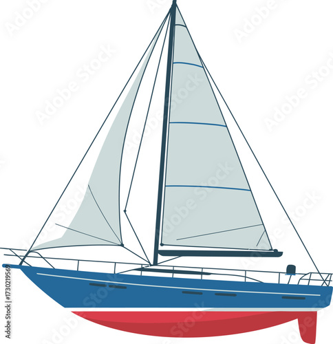 Sleek blue sailboat with white sails glides on water