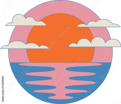 Vibrant sunset reflected on calm water with soft clouds, evoking tranquility and warmth.