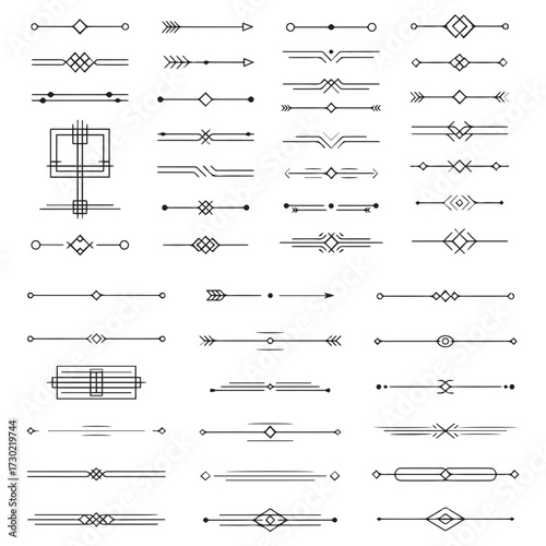  Collection of elegant geometric line art deco graphic dividers and ornate borders on white background vector