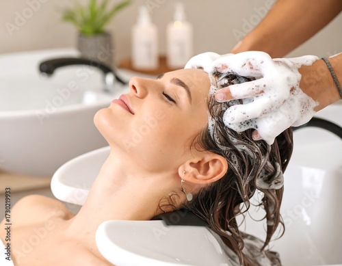 Woman relaxing, eyes closed, receiving a hair wash in a salon sink