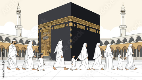 Illustration of pilgrims, including families with children, performing Hajj or Umrah around the Kaaba in Mecca, with mosque architecture in the background.