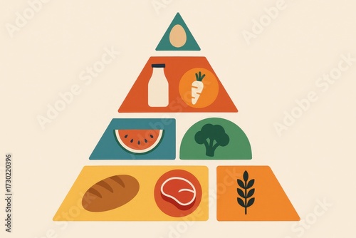 Stylized food pyramid with layered triangles containing bread, meat, grain, watermelon slice, broccoli, carrot, tomato, milk bottle, egg, and round fruit?simple flat icons in warm, earthy colors