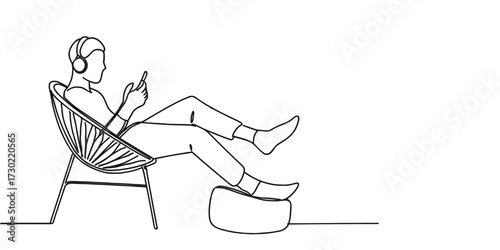 Minimalist one-line drawing of a relaxed person sitting on a chair with headphones, using a smartphone, and resting feet on a stool. Symbol of relaxation, digital lifestyle, streaming, remote work.