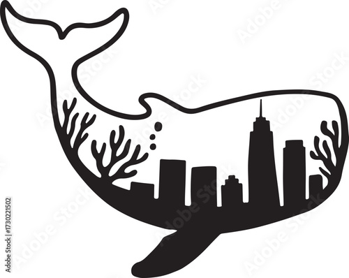 Whale silhouette encapsulating vibrant coral reef and majestic city skyline artistry ocean life and urbanism fusion vector