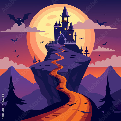 Spooky castle on a cliff under a full moon