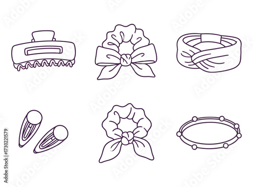 Illustration of various hair accessories including claw clip scrunchies headbands and bobby pins in outline style