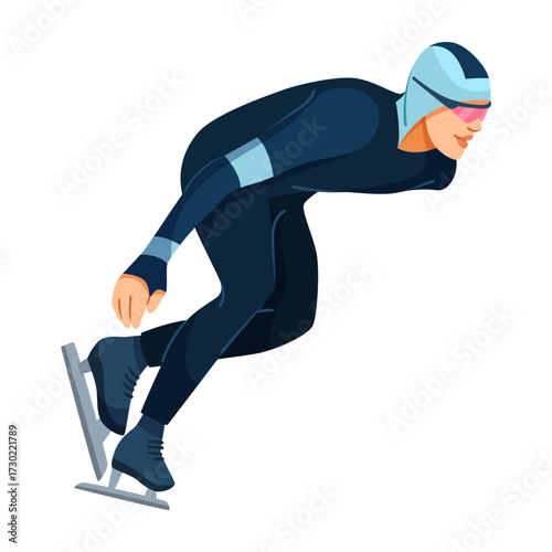Male speed skater in full racing gear gliding forward, dynamic flat style, isolated on white, concept of winter sports and competition. Vector illustration