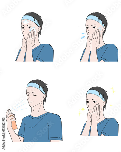 化粧水ミストを顔にかける男性のイラストセット