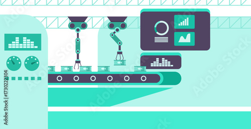 Robotic arms assembling canned food on a conveyor belt with interface screens, flat design style, on a teal and white background. Concept of automation. Vector illustration
