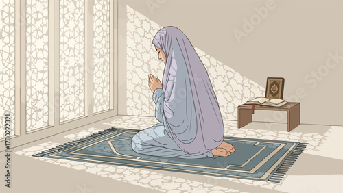 A Muslim woman in a hijab and prayer dress kneels on a patterned rug, hands clasped in prayer, bathed in soft light filtering through a decorative window, wi...