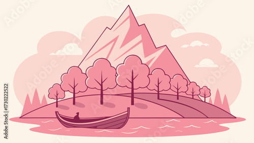 Small boat floats peacefully on water near trees and pink mountain scenery