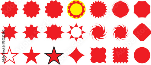 Set of red star burst shape tags for price. Circle sticker set. Wavy edge promo black badges. Blank sale stickers. Simple silhouette. Flat vintage labels isolated on transparent background