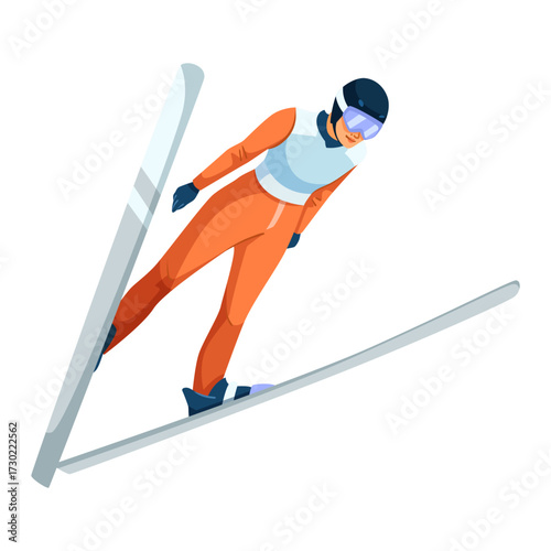 A ski jumper in an orange suit and helmet mid-air, stylized graphic style, isolated on white background. Concept of winter sports action. Vector illustration