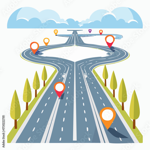 A cartoon illustration of a road splitting into two paths, marked with location pin icons, under a cloudy sky.
