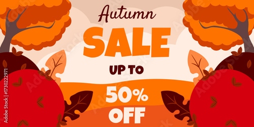 Autumn Sale banner. Vector illustration of golden Autumn landscape from Autumnal tree bush leaves and business Sale typography. Discount concept. Sale Fall web banner. EPS 10