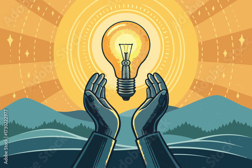 Two hands cradle a glowing light bulb against a radiant background.
