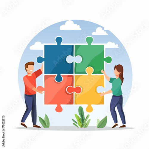 Two people, a man and a woman, collaborate to connect four large puzzle pieces against a backdrop of clouds and foliage.