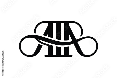A decorative monogram logo design featuring stylized letters in black ink