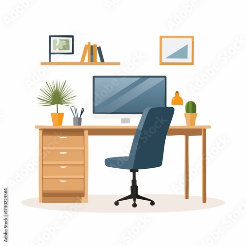 Illustration of a home office setup with a desk, computer, chair, plant, shelves, books, and other decorative items.