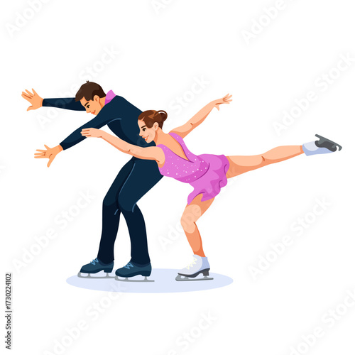 Man and woman figure skating couple in elegant pose, flat cartoon style on white background, concept of winter sport performance. Vector illustration