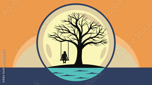 Silhouette of girl enjoys swinging under a bare tree near water during sunset