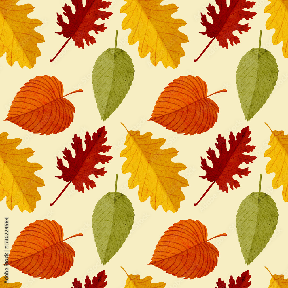 Obraz premium Watercolor autumn seamless pattern with falling leaves. Botanical repeated texture with floral elements for the fall season. Fall print with foliage.