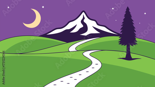 Snowy mountain peak rises over green hills under night sky near lone tree