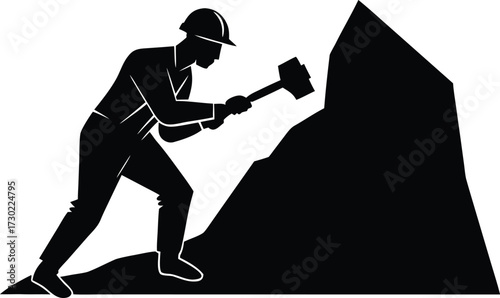 a miner drilling into rock with a jackhammer silhouette vector illustration